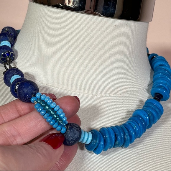 Vintage Bohemian Art Glass Sea Glass Blue Chunky Stone oversized Necklace